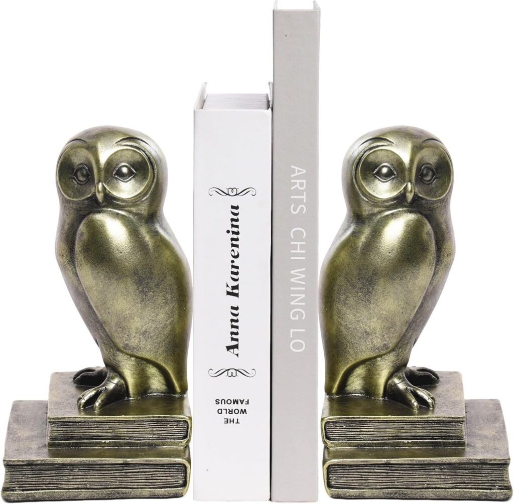 Book Ends for Shelves, Owl Decorative Bookends Bronze Bird Book Stopper Unique Kids Book Holders with Anti-Slip Base Lux