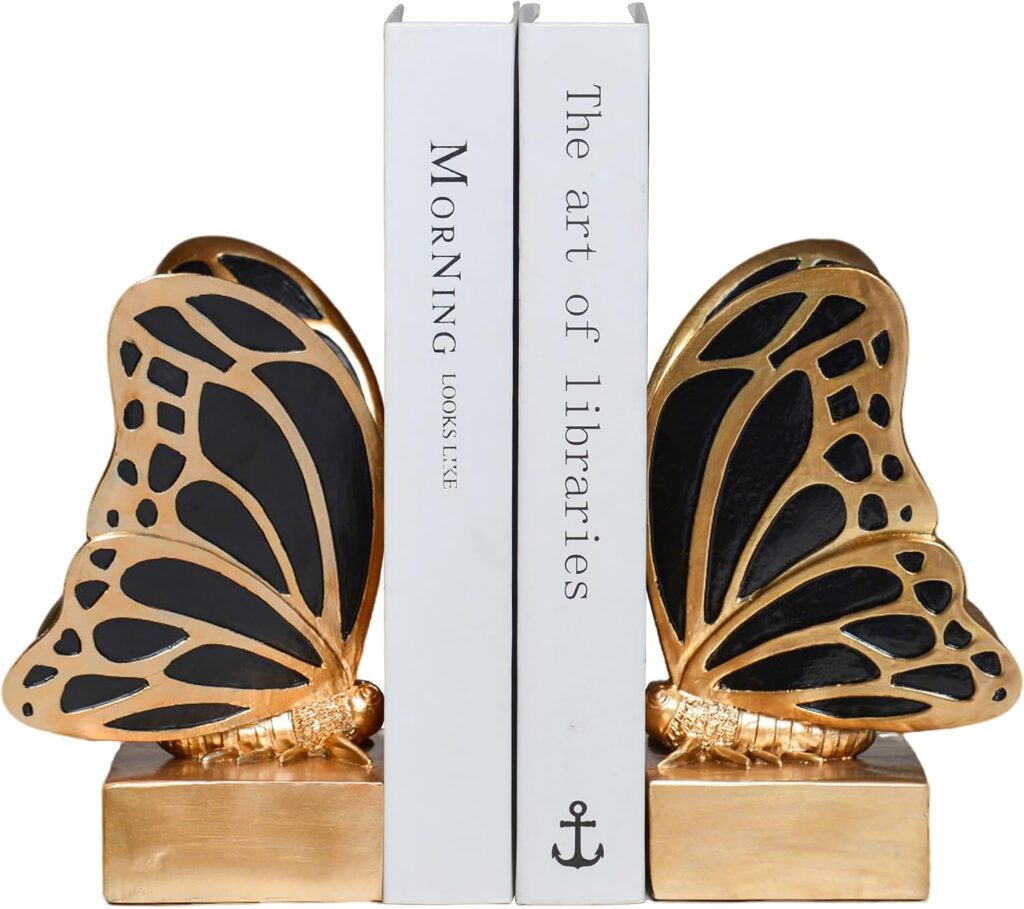 Vintage Blue Butterfly Bookends,Resin Book Ends for Shelves,Heavy Duty Decorative Bookends,Creative Book Stopper Holder