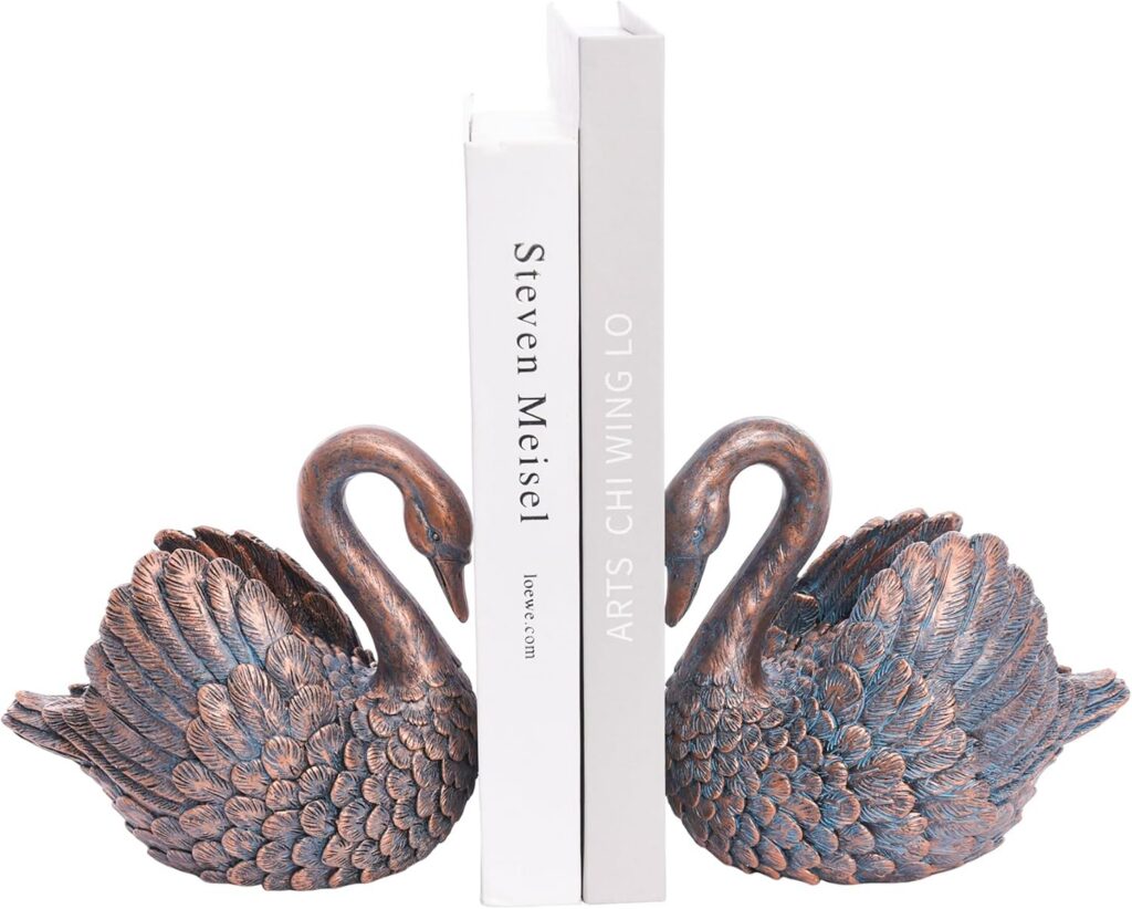 Swan Decorative Bookends,Resin Book Ends for Shelves,Unique Gold Book Holders,Heavy Duty Swan Decor for Home Office Desk